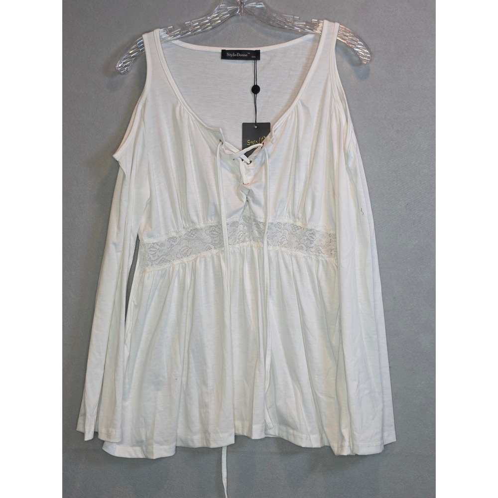 StyleDome White Cold Shoulder Lace Up Blouse 5XL NWT Distressed Lace Trim Top